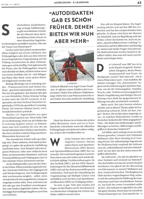 Artikel in der "Yacht" zum Segel-Center Frankfurt